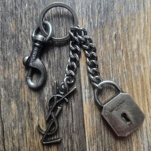 Yves Saint Laurent Silver Keychain with Lock and Logo
